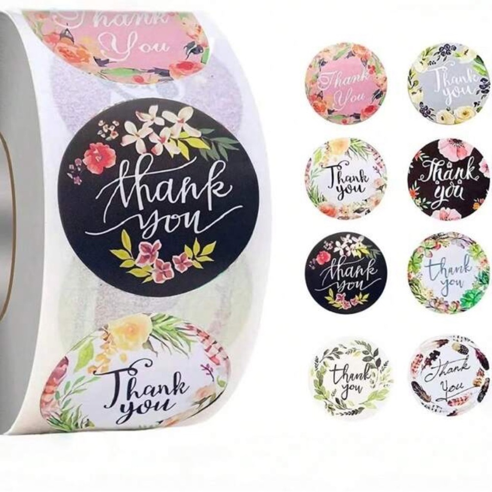 500 1” Floral Thank You Stickers Roll